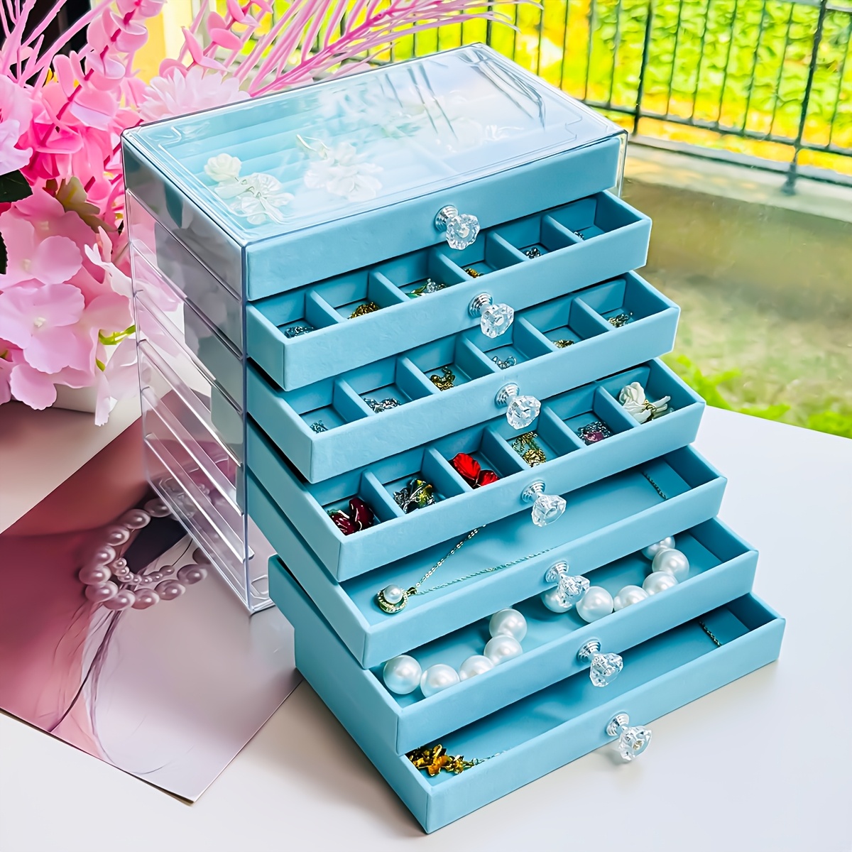 Blue Acrylic Jewelry Storage Box, Multi-Layer Organizer